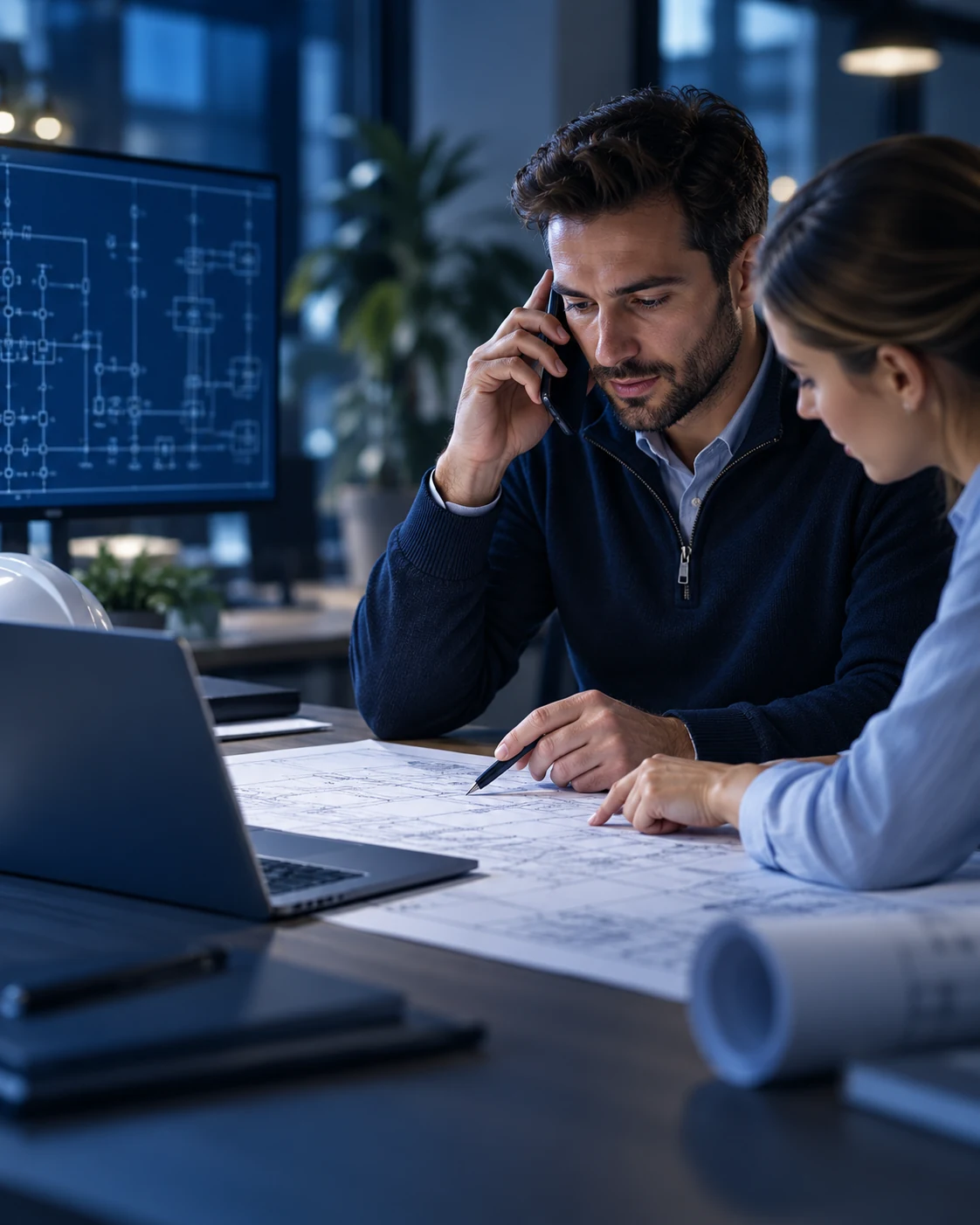 Voltavia engineering team reviewing technical drawings during a client request