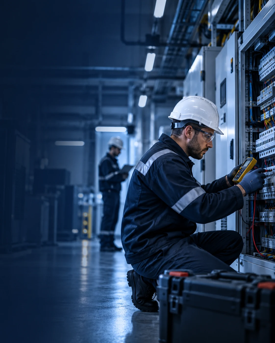 Electrical technician testing industrial distribution equipment